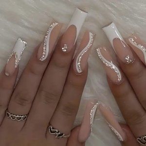 24pcs White French Tip Fake Nails, Glitter Swirl Press On Nails